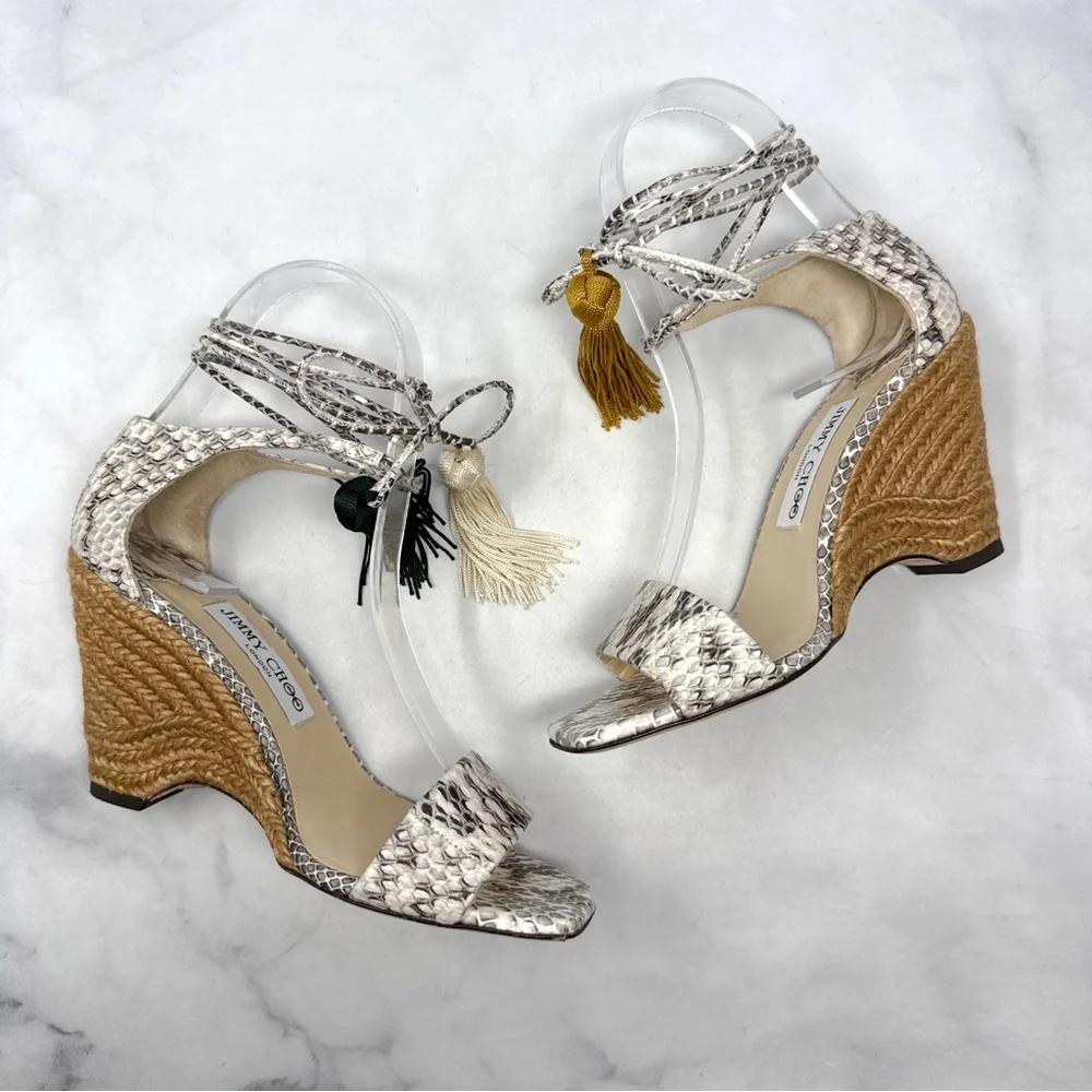 NEW Jimmy Choo Deva 85 Snakeskin Leather Tasseled Ankle Tie Wedge Sandal Heels